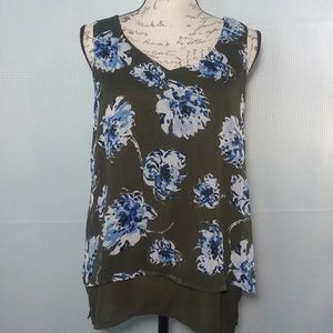 Sleeveless Layered Dark Olive Green Floral Top